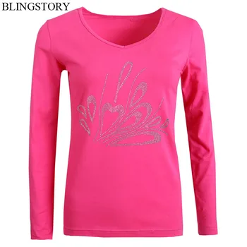 

BLINGSTORY Autumn Long Sleeve Basic Cotton Beading Top Clothes Women Casual T-shirt 6XL