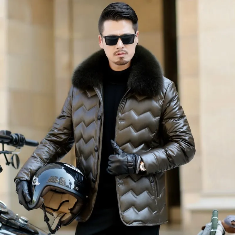 Men Coat White Duck Down Puffer Parka Genuine Leather Thicken Warm Outwear Real Fox Fur Collar Motorcycle Mid Length Men Coat White Duck Down Puffer Parka Genuine Leather Thicken Warm Outwear Real Fox Fur Collar Motorcycle Mid Length