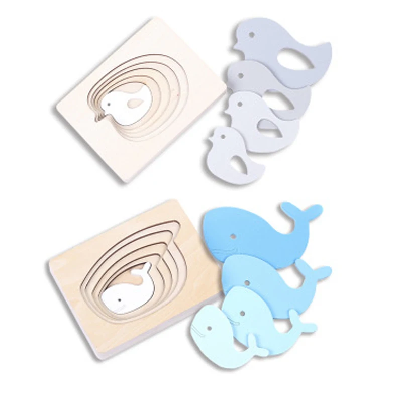 Wooden Animal Puzzle Carton Rabbit/Bird/Whale Multi-layer Baby Hand Grab Jigsaw Educational Early Enlightenment Toys for Child | Игрушки и