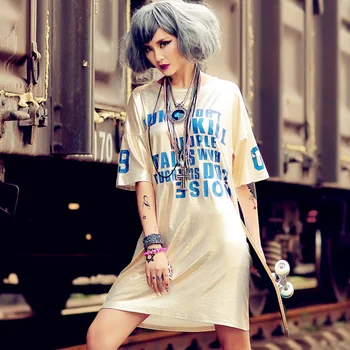 

2019 summer ladies fashion cool cool letter printing long short-sleeved T-shirt skirt fat mm large size summer new queen