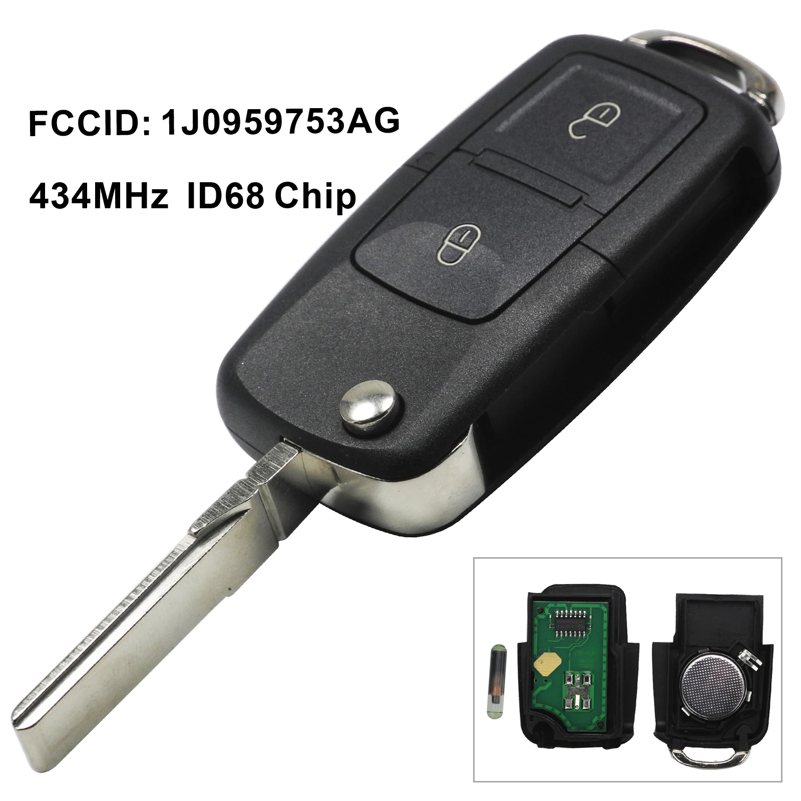 Keyforkess 2BTN Flip Remote Car Key Fob per VW Bora Golf Polo Passat Touran Seat Skoda 434MHz ID48 Chip 1J0959753AG/ 1J0959753CT -