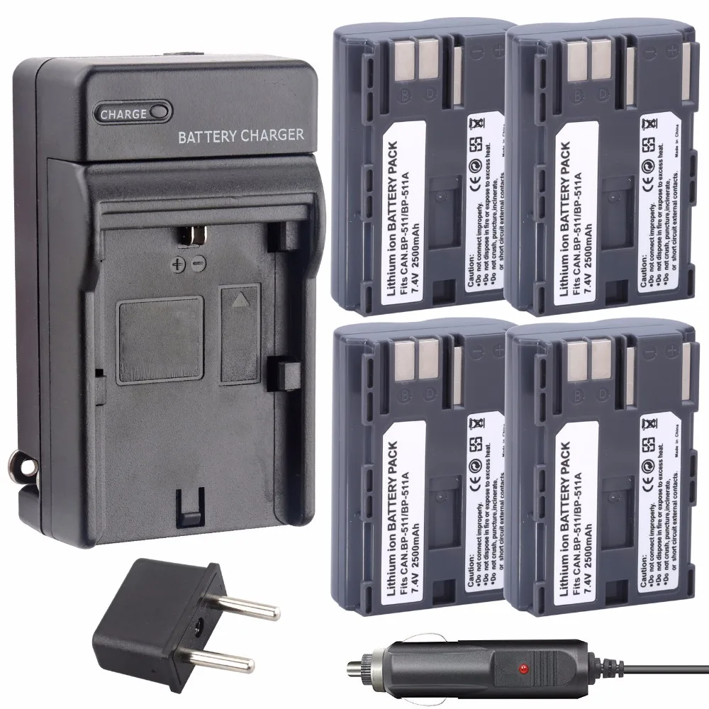 

4Pcs BP-511 BP511A Battery + Charger kit For Canon EOS 10D 20D 20Da 30D 40D 50D 300D D30 D60 PowerShot G1 G3 G3X G5 G G2 Camera