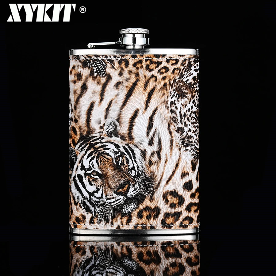 

XYKIT 9oz Mini Pocket Whiskey Flask Tiger Printing Stainless Steel Hip Flask Portable Leather Drink Flasks Good Gift