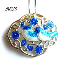 New font b Blue b font Magpie Ethnic Cloisonne Enamel 925 sterling Silver Chain Necklace Pendant