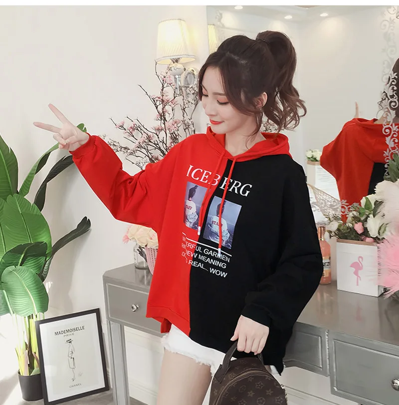 

2019 New Korean Version of the Wild Loose Color Matching Printed Long-sleeved Hooded Shirt Women's Shirt