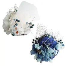 Корейские свадебные вуалетки ручной работы, шляпка, винтажная сетка, искусственный синий бежевый цветок, Утконос, волосы, реквизит для фотосессии
