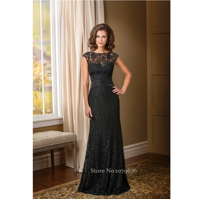 Top Selling Boat Neck Elegant Black Long Evening Dresses Mother Groom