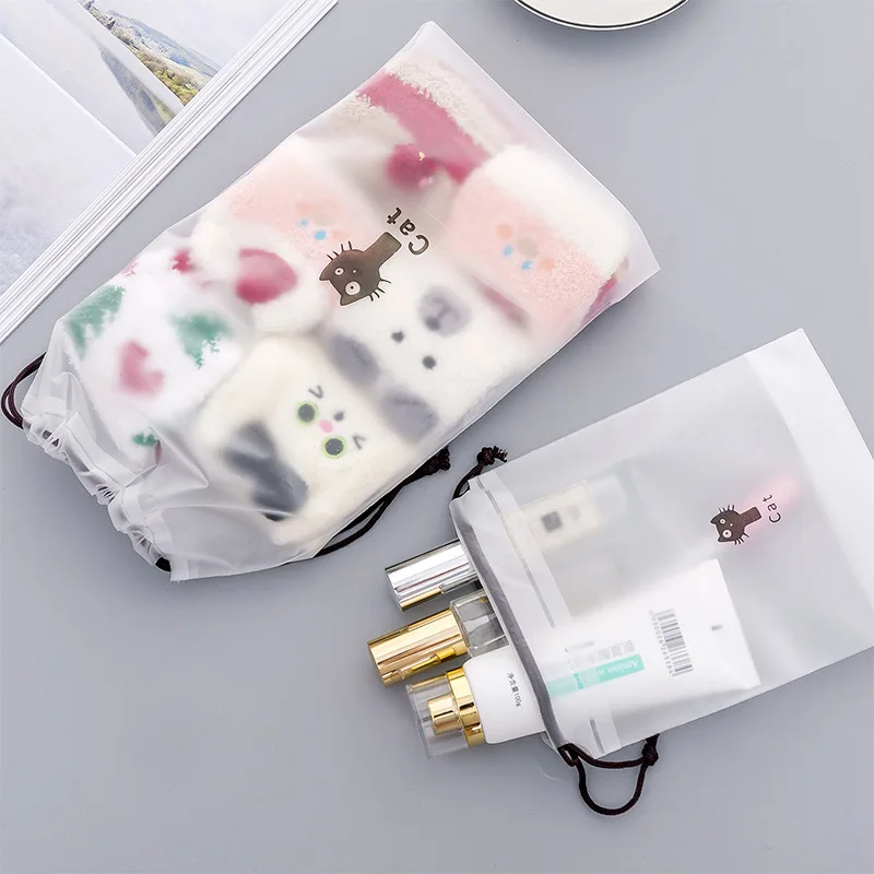 PURDORED 1 قطعة لطيف القط أكياس Drawsting حقيبة مستحضرات تجميل شفافة السفر واضح حقيبة مستحضرات تجميل النساء الرباط غسل كيس التخزين حقيبة