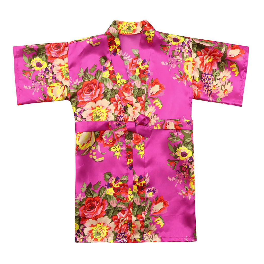 Цветочный принт летнее платье-комбинезон для маленьких халаты для девочек одежда для малышей Детская одежда для девочек с цветочным рисунком Шелковый атласное кимоно; наряд халат, одежда для сна пижамы для детей - Цвет: Hot Pink