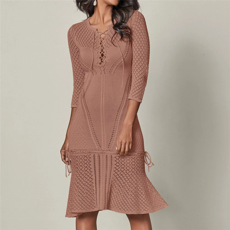 

2019 Sexy Khaki Knitted Summer Beach Dress Crochet Tunic Sexy Lace Up Hollow Out Three Quarter Sleeve Short Dress Sarong