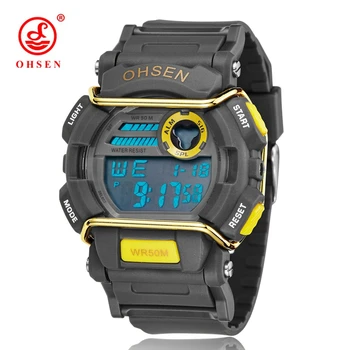 

New OHSEN Brand Yellow Digital Fashion Mens Wristwatches Rubber Band 50M Waterproof Electronic LCD Sport Watches Reloj hombre