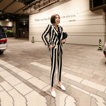 

2018 Sale Top Fashion Polyester Full Double Breasted Woman Fashion Set Suit 2 Slim And Striped + Professional Pants Two-piece