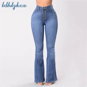 

High Waist Jeans Women Plus Size Long Flare Pants 2018 New Europe America Office Fashion Slim Button Pocket Jeans Feminino CX569
