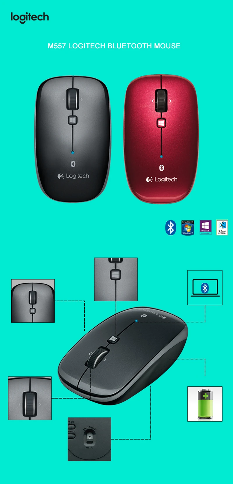 Беспроводная игровая мышь logitech M557 с Bluetooth 2,4 ГГц, оптическая эргономичная мышь 1000 dpi для ПК, поддержка официального агентства