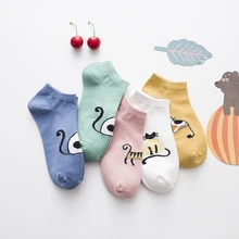 5 пара/лот, милые носки с котом, женские креативные повседневные хлопковые носки с забавными животными, полосатые однотонные короткие носки для женщин