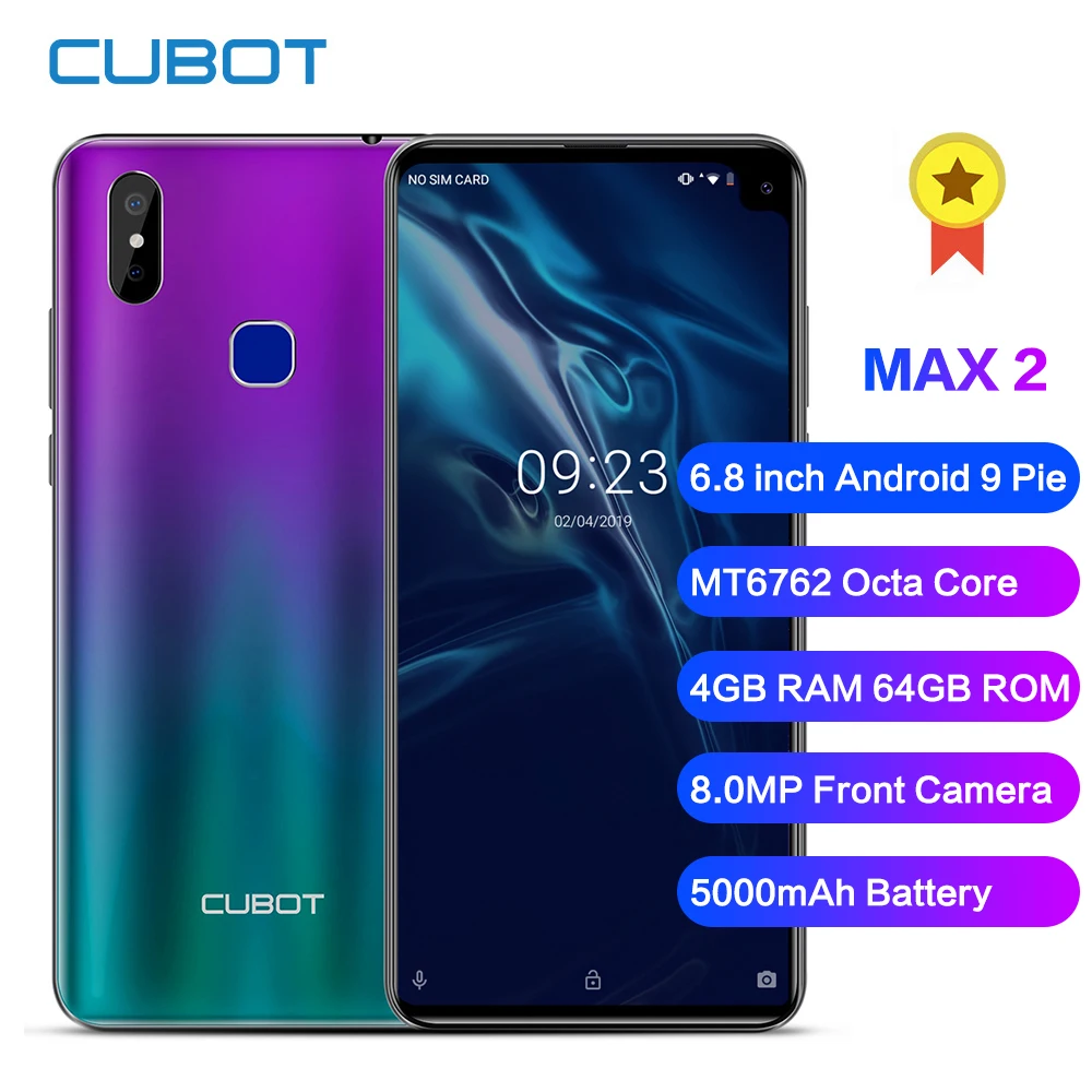 CUBOT MAX 2, 4G Phablet, 6,8 дюймов, Android 9 Pie, Восьмиядерный процессор MT6762, 2,0 ГГц, 4 Гб ОЗУ, 64 Гб ПЗУ, МП, фронтальная камера, датчик отпечатков пальцев