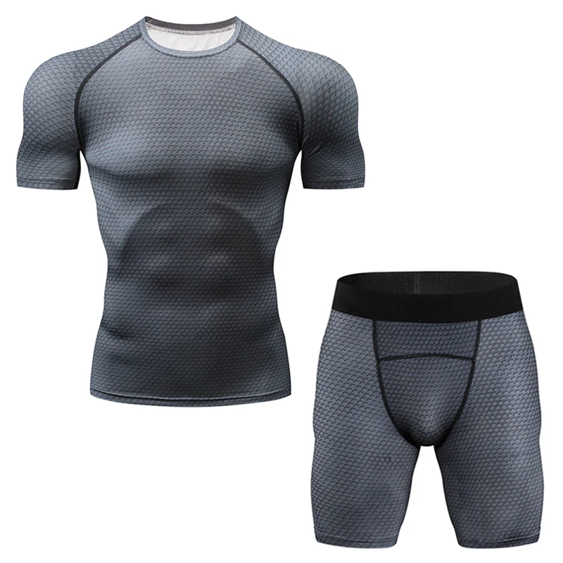Мужской спортивный комплект с коротким рукавом, спортивный беговой костюм, мужской костюм, тренировочные колготки легинсы для тренировок, шорты+ футболка