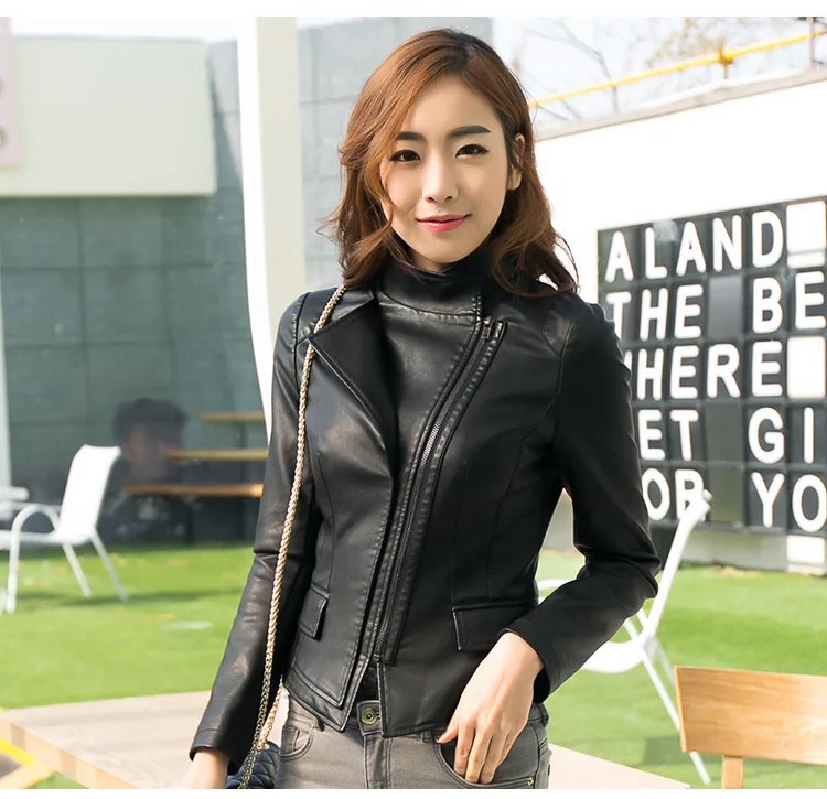 Кожаная женская куртка на весну и осень, Корейская тонкая куртка из искусственной кожи, черная, синяя мотоциклетная куртка для молодых девушек, размер S-4XL, 15H108 - Цвет: black