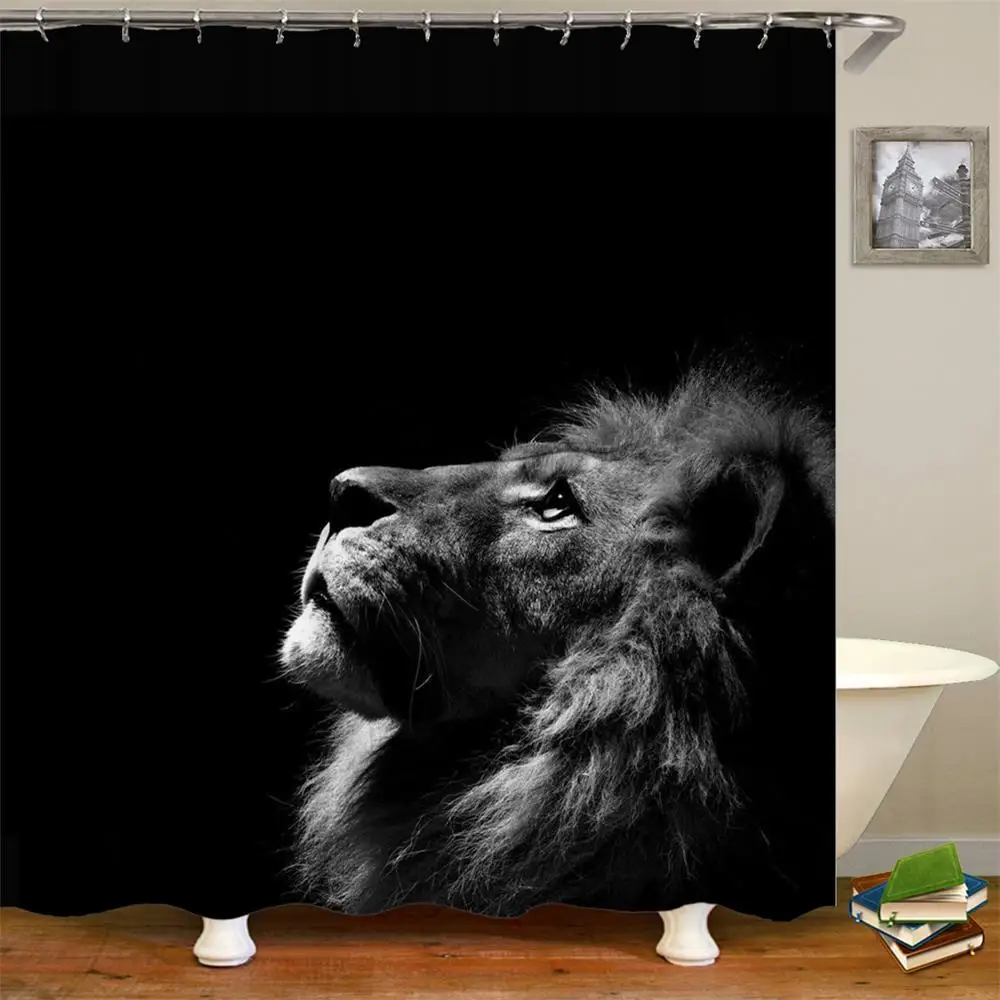 Animal Bathroom Shower Curtain Black Lion Head Print in Shower