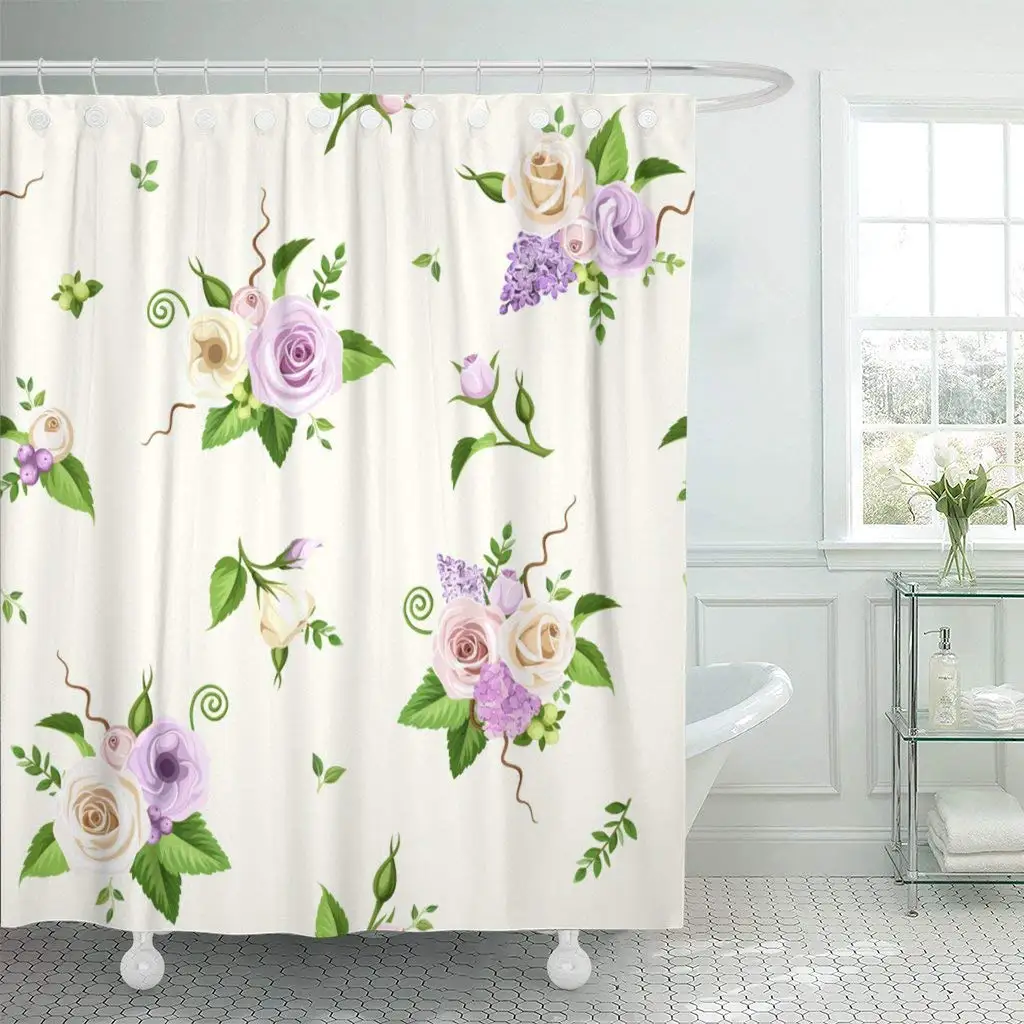 Shower Curtain With Hooks Pink Purple And White Roses Lisianthuses Lilac Hydrangea Flowers Green Decorative Bathroom Curtains Aliexpress Shower Curtain With Hooks Pink Purple