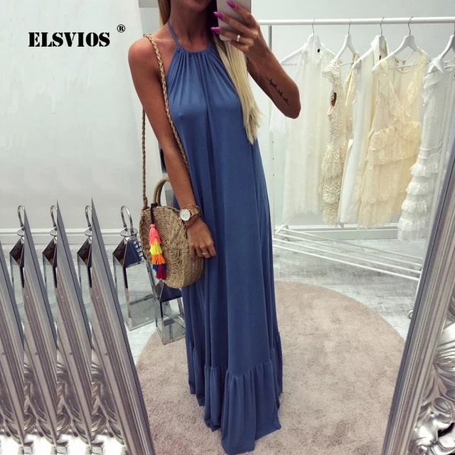 ELSVIOS New Women Elegant Maxi Dress Sexy Backless Halter Beach Long Boho Dress Casual Solid Loose Summer Ruffle Dresses Vestido