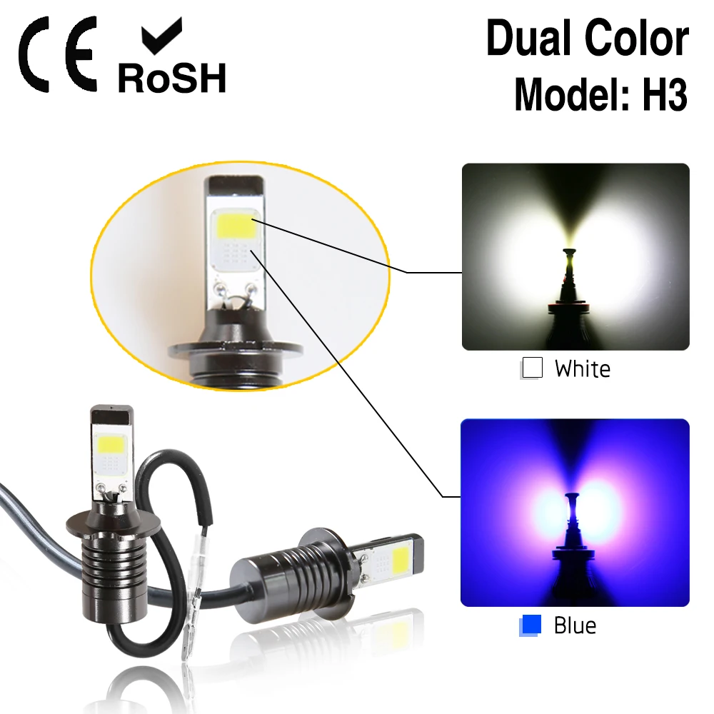 

2Pcs High Power 80W LED H3 White Blue Dual Color Bulbs Car Fog Driving Light Lamp