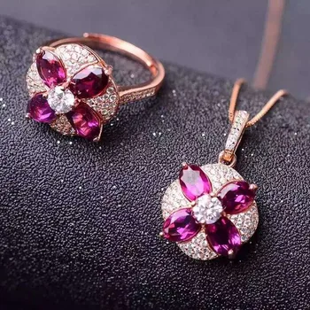 

Fidelity Natural garnet s925 sterling silver ring/necklace jewelry sets natural red gemstone fine jewelry for women party