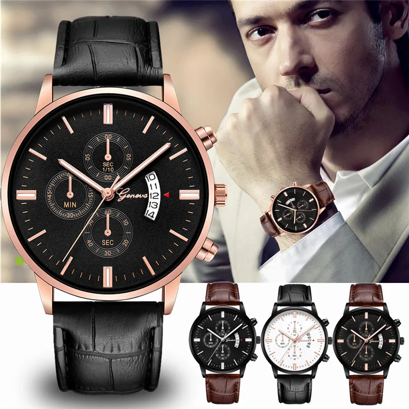 Geneva Mens Watch Date Stainless Steel Leather Analog Alloy Quartz