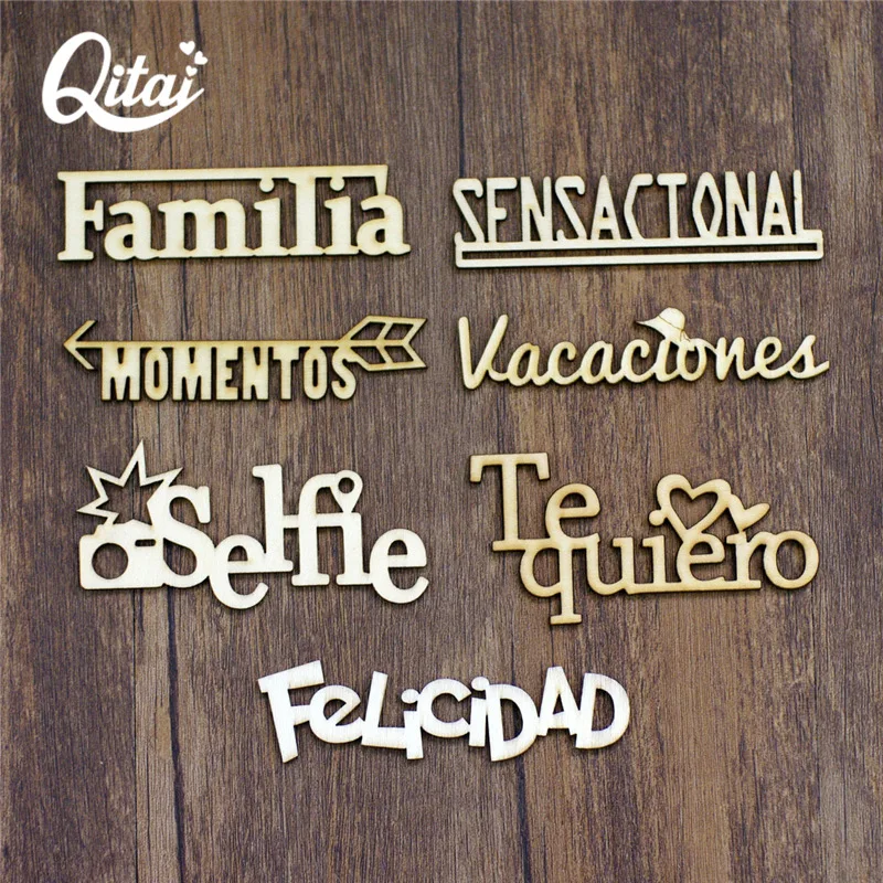 Spanish Words QITAI 21PCS/SET 7 Model Each Letter 3 Pieces DIY Scrapbooking Handicraft Gift Wood Decoration Wooden By Hand WF266 | Дом и сад