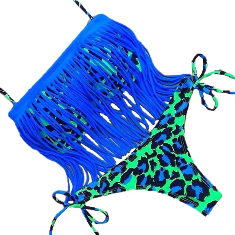 

Womens Sexy Two-Piece Bikini Set Bright Color Leopard Digital Printing Swimsuit Halter Long Fringed Tassels Patchwork Bra Side