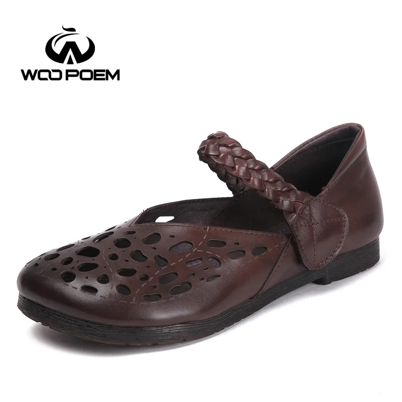 WooPoem/туфли Мэри-Джейн Женские Ретро ручной работы из натуральной Кожаная обувь на плоской подошве с вырезами на низком каблуке мягкая