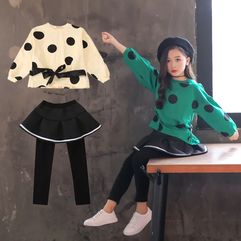 

Korea Autumn Winter Baby Girls Clothing Set Children's Clothing 2PCS Big dot Bow Sweater + Culottes Sports Suit Girls Clothes