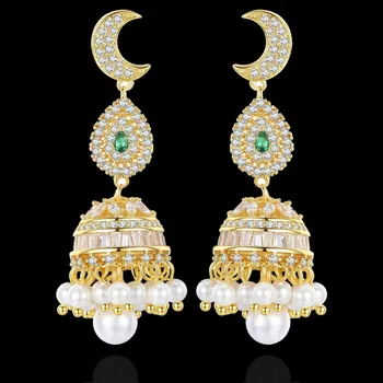 

GODKI 46mm Luxury Moon Bell Imitation Pearl Full Mirco Pave Cubic Zirconia Fashion Jewelry Earring