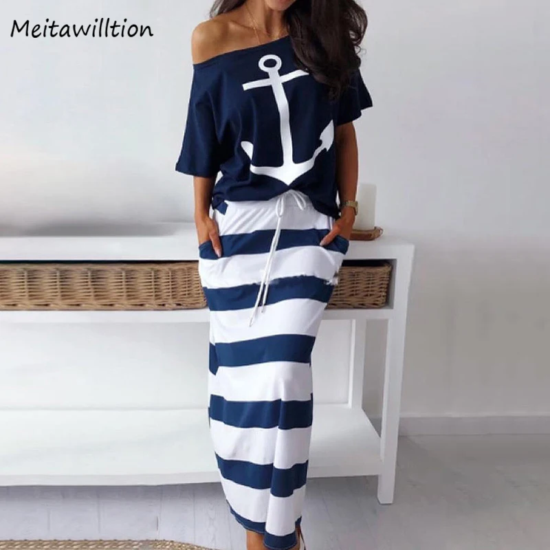 

Women Two Piece Sets Boat Anchor Print T-Shirt & Striped Skirt Sets 2019 Summer Maxi Striped Skirts and Slash Neck Tee Shirt