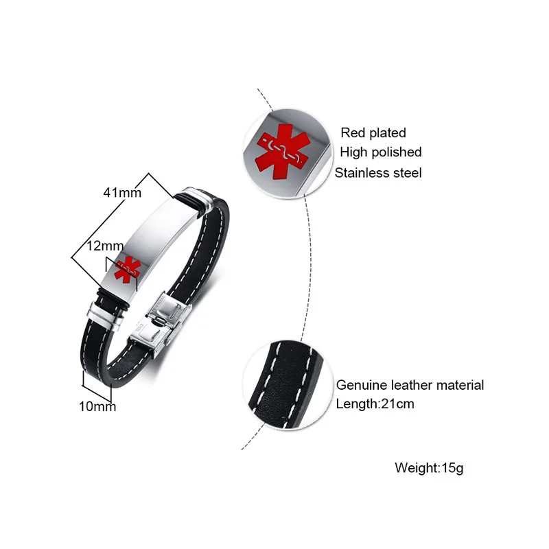 Men Black Leather Medical Alert Bracelet with Carving Disease leather bracelet medical alert bracelet