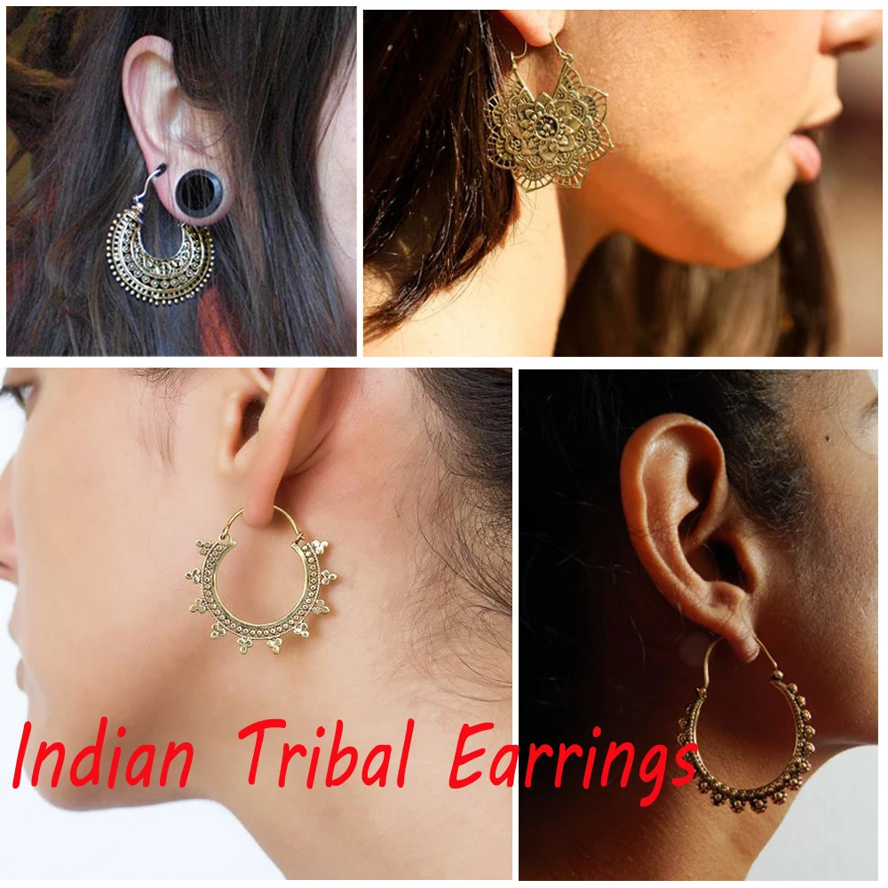 Brass-Gold-Tone-Ornate-Swirl-Hoop-Gypsy-Indian-Tribal-Ethnic-Earrings-Boho-Body-Jewelry-