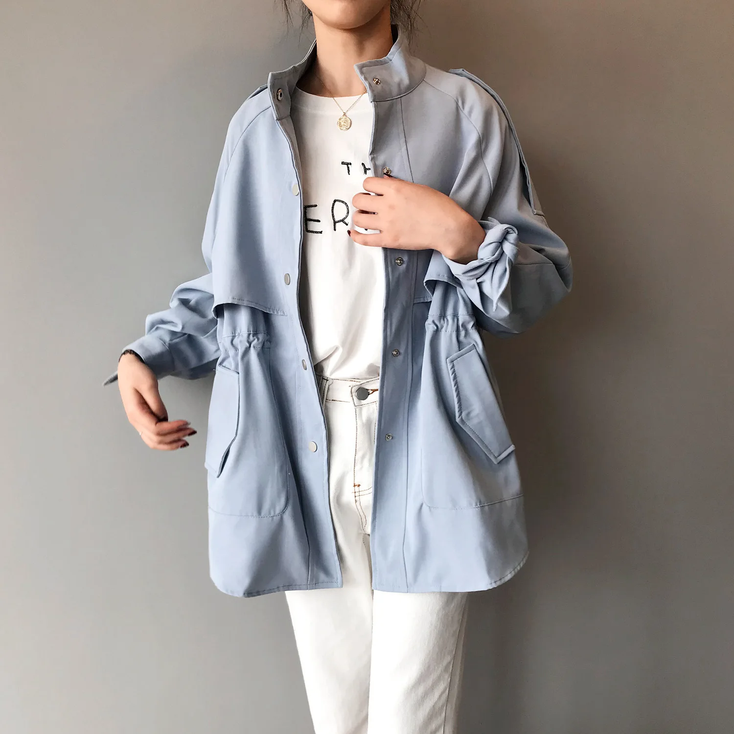Fashion Trench Coat Female Autumn Windbreaker Drawstring Casual Loose Safari Clothes Stand Collar 2020 Spring Women Short Trench