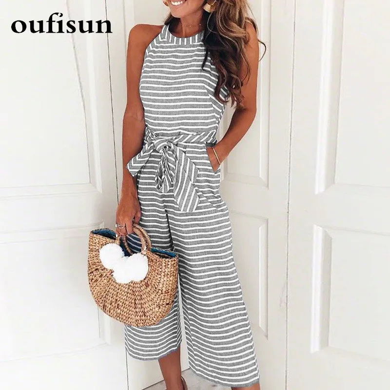 

Oufisun Stripe Women Jumpsuits Sexy Sleeveless Casual Sashes Rompers Back Zipper Belt Wide Leg Pants Playsuits Overalls 2018 New