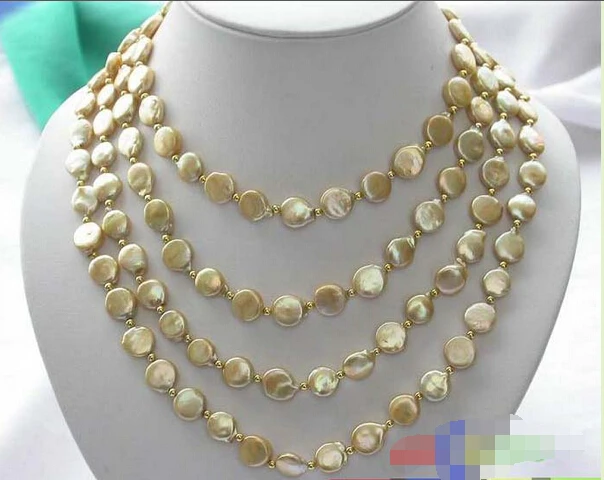 

Free shipping@@@@@ 50" 12MM GOLDEN COIN FRESHWATER CULTURED PEARL NECKLACE p1754