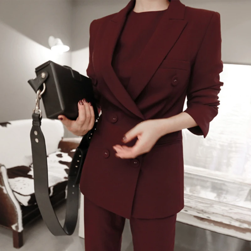 BGTEEVER Elegant Wine Red Women Blazer Double Breasted Full Sleeve