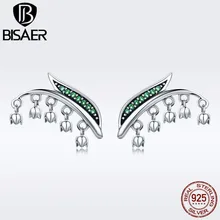 Подлинные 925 пробы серебряные серьги-гвоздики с зелеными листьями и колокольчиками для женщин модные серьги ювелирные изделия Brincos