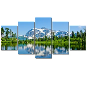 

Landscape Poster Canvas Print Wall Painting Scenery Washington Lake Mountains Tree Art Wall Pictures 5 Panels Unframed
