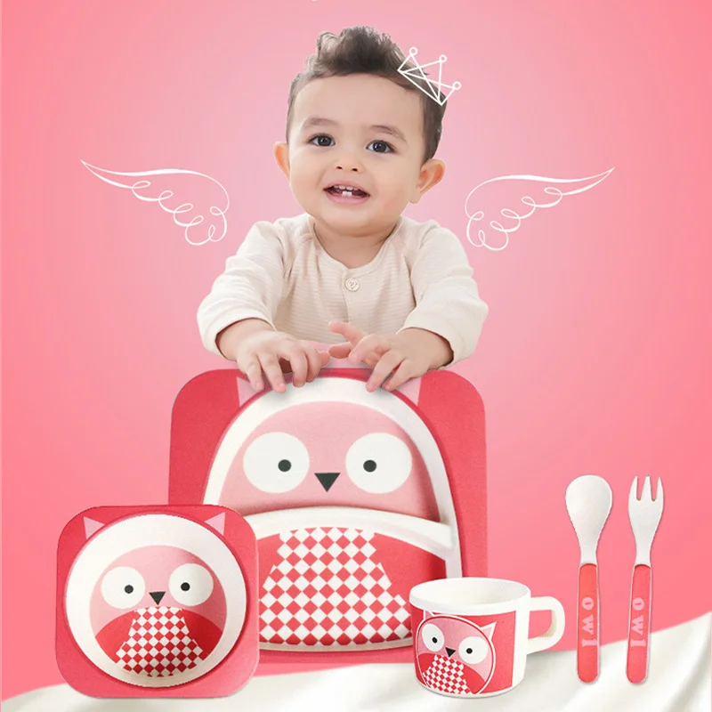 Baby Bamboo Fiber Dinnerware Children Safety Tableware Set Animal Cartoon Plate Bowl Fork Spoon Cup Food Feeding Dishes BB3092 (6)