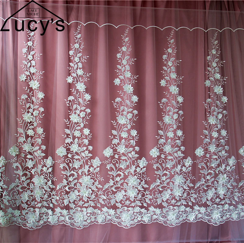 High end 3d appliqued petals flowers lace fabric with pearls 1 Yard