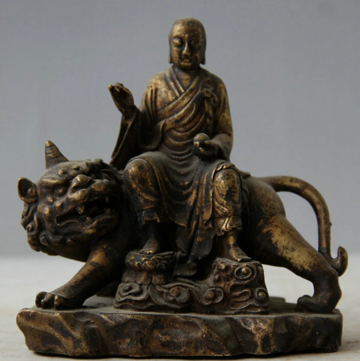 

Old China Bronze Ksitigarbha Boddhisattva Netherworld Leader Ride Unicorn Statue S0705 (B0413)