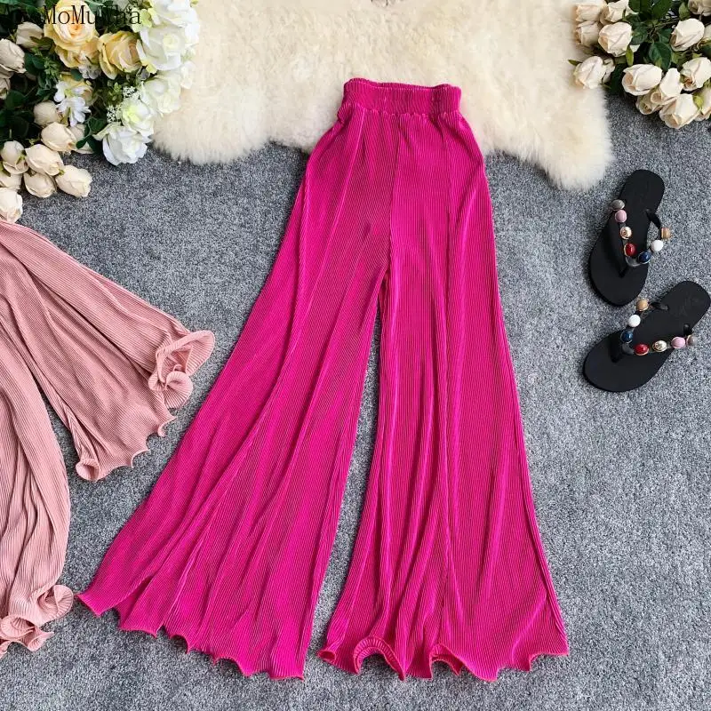 

AreMoMuWha Net Red with The Flared Pants Elastic Waist Chic Hong Kong Flavor Retro Solid Color Wild Casual Pants Women MH271