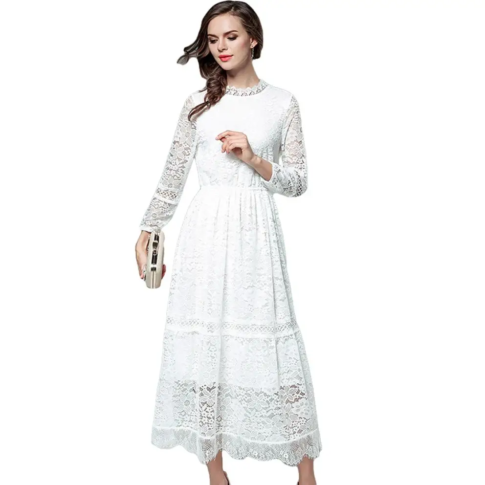 Vintage White Lace Long Dress Women Elegant Hollow Out Crochet 2017 Winter Autumn Embroidery Runway Long Sleeve Maxi Party Dress long-white-lace-dress