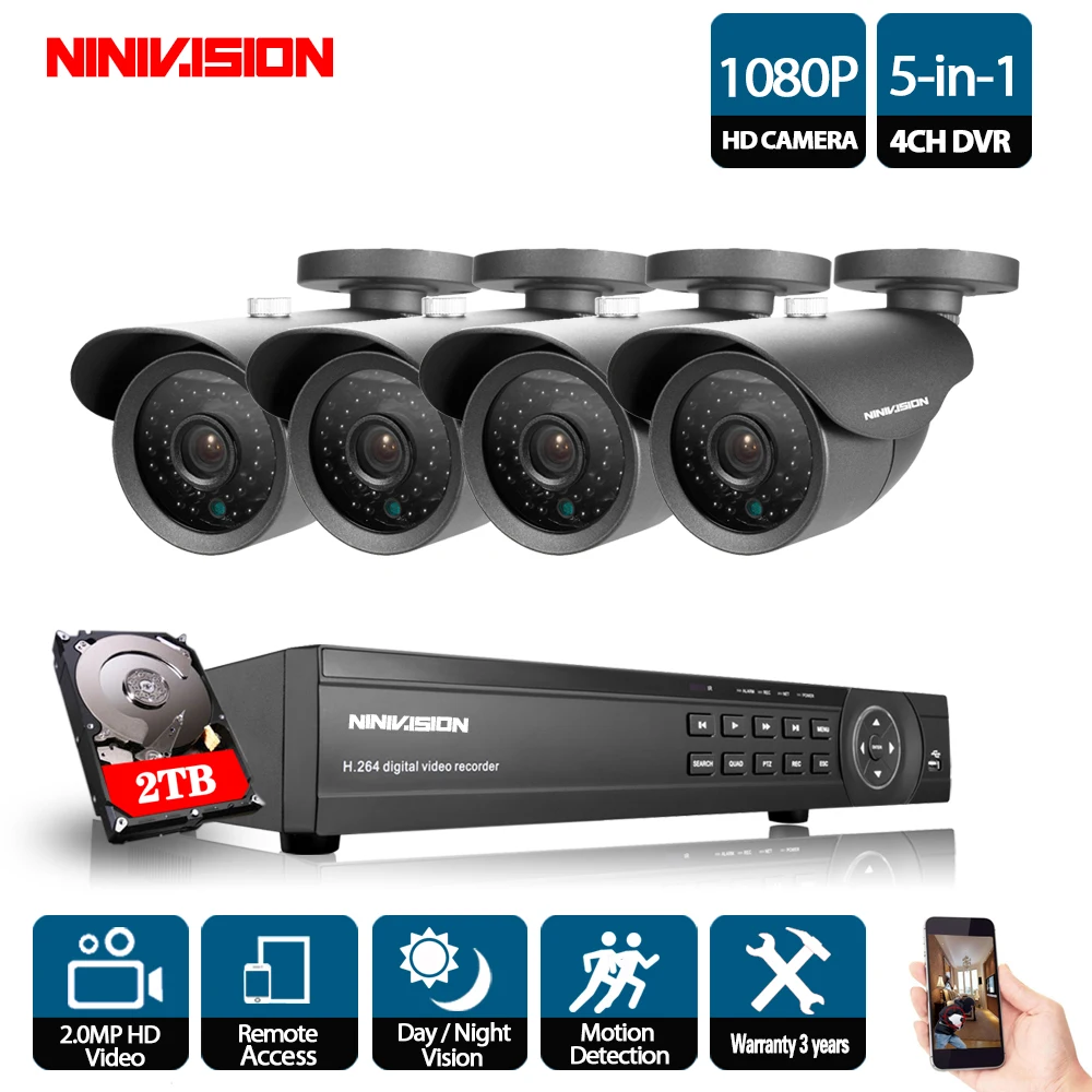 Система видеонаблюдения NINIVISION 4 канала 1080P HDMI AHD DVR камеры 2 0 МП | Безопасность и