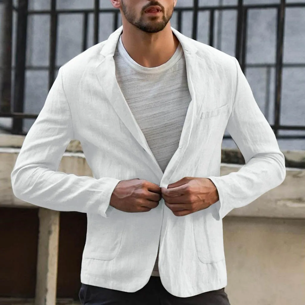 FREE OSTRICH Men's Blazer Slim Fit Linen Blend Pocket Solid Long Sleeve Suit Blazer Jacket Outwear casual jackets men blazer men