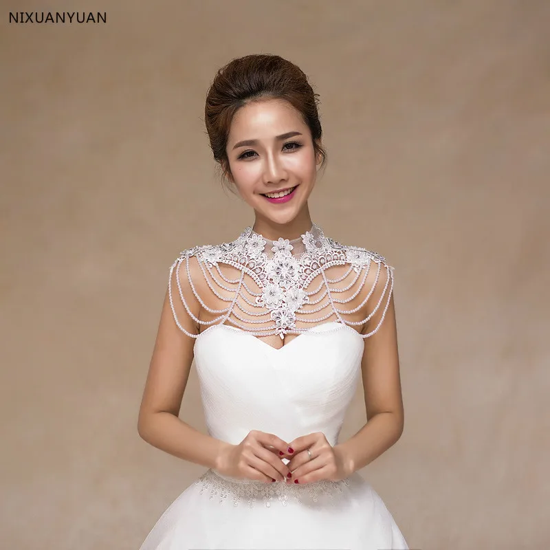 

Vintage Pearls Crystal Rhinestone Bling Bling Bridal Wraps White Lace Wedding Shawl Jacket Bolero Wrap Bridal Wedding Wrap